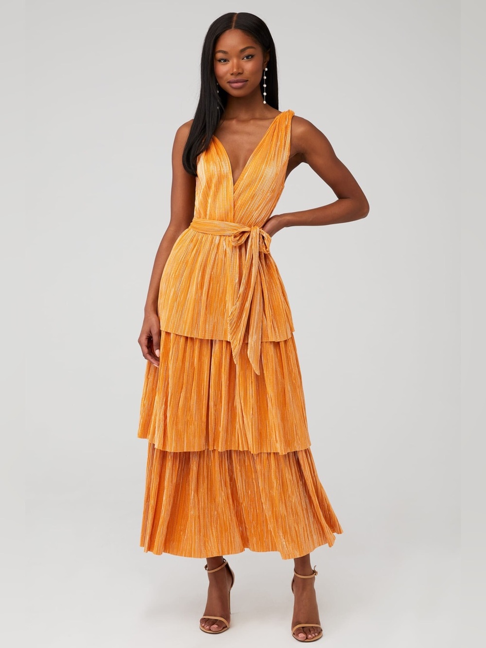 SABINA MUSÁYEV Alma Metallic Pleated Midi Dress Mandarin Orange Size Small